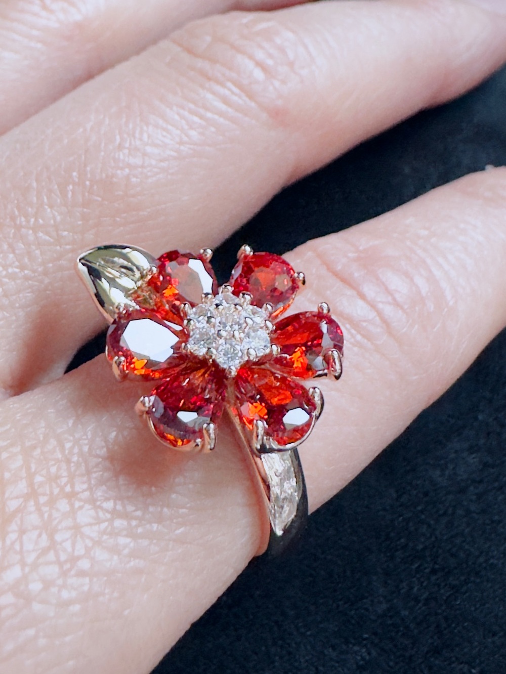 Women's Red Flower Cocktail Ring with Clear Center